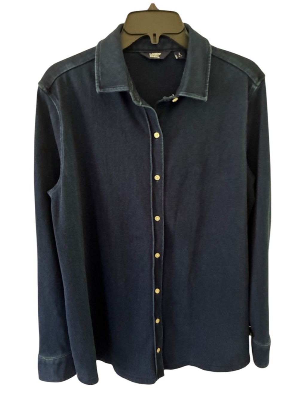 Dark stretch denim button up women’s shirt size large